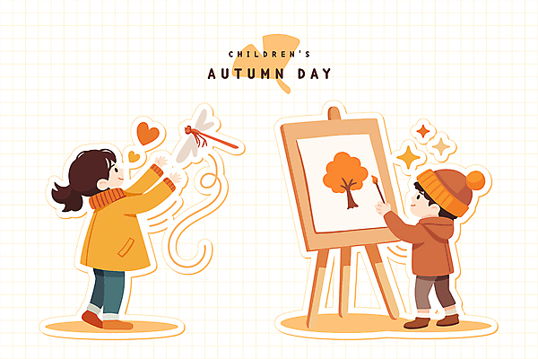 전신 라이프스타일 여자 남자 어린이 일러스트 단풍나무 나뭇잎 미술 소녀 소년 두명 일상 반짝임 주황색 가을 붓 그리기 이젤 은행잎 고추잠자리 어린이만 국내일러스트 AI파일 나무 계절 컬러 단풍 잎 모션 문화예술 사람 라이프 생활 미술도구 잠자리 파일형식 벡터