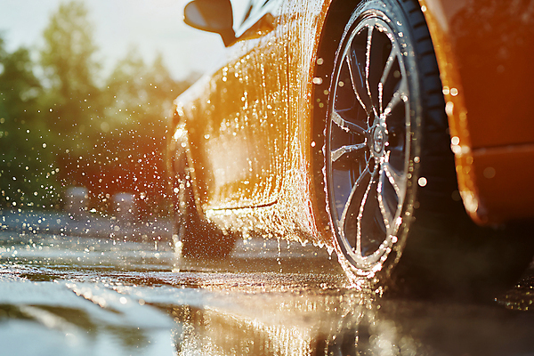 JPG 편집이미지 자동차 사람없음 햇빛 주황색 물방울 디지털합성 웅덩이 세차 스플래쉬 편집실사 AI포토 AI콘텐츠 육상교통 컬러 태양 CG 파일형식