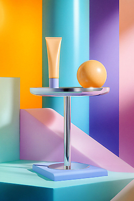 JPG 편집이미지 탁자 사람없음 빛 주황색 화장품 원형 균형 디지털합성 튜브용기 편집실사 AI컴퓨터그래픽 AI콘텐츠 도형 컬러 가구 뷰티 용기_그릇 CG 파일형식