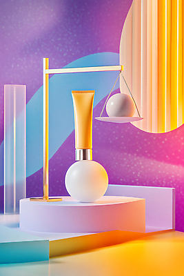 JPG 편집이미지 사람없음 빛 주황색 화장품 원형 균형 디지털합성 단상 튜브용기 편집실사 AI컴퓨터그래픽 AI콘텐츠 도형 컬러 뷰티 용기_그릇 CG 파일형식