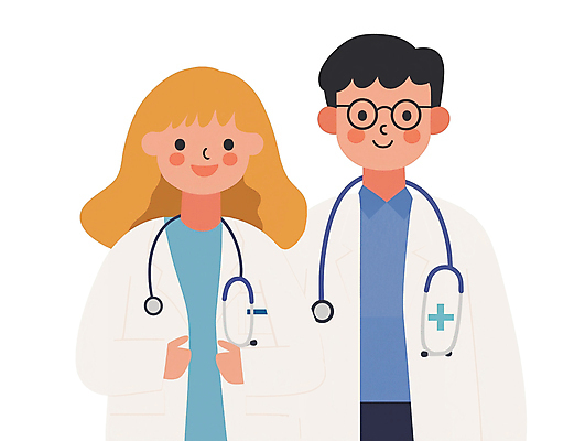 PSD 여자 남자 인물캐릭터 일러스트 청진기 직업캐릭터 병원 상반신 성인 두명 진료 의사 의사가운 성인만 안경낌 국내일러스트 일러캐릭터 직업 캐릭터 안경 의학 의료기기 사람 의료진 가운 파일형식