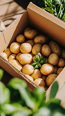 JPG 편집이미지 감자 건강 사람없음 상자 갈색 신선 풀잎 농작 편집실사 AI포토 AI콘텐츠 컬러 잎 채소 풀_식물 CG 파일형식