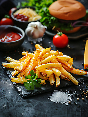 JPG 편집이미지 토마토 감자 파슬리 건강 마늘 사람없음 컬러풀 감자튀김 햄버거 신선 케첩 소금 농작 통후추 편집실사 AI포토 AI콘텐츠 컬러 채소 패스트푸드 튀김 소스_음식 CG 후추 파일형식