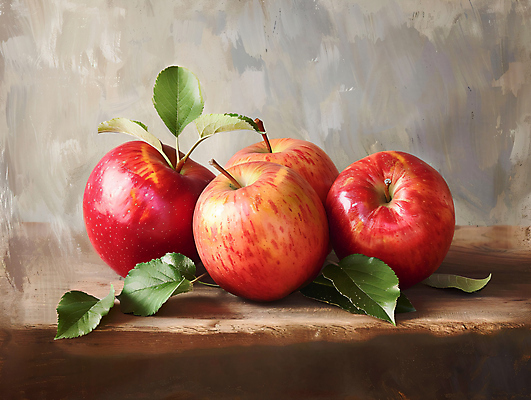 JPG 편집이미지 과일 나뭇잎 사람없음 빨간색 신선 달콤 사과 유화 편집실사 AI포토 AI콘텐츠 컬러 잎 미술 맛 CG 파일형식