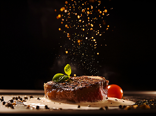 JPG 편집이미지 토마토 육류 스테이크 사람없음 소스 보케 직화구이 코스요리 통후추 흩날리기 편집실사 AI포토 AI콘텐츠 채소 식재료 모션 서양음식 요리 양념 구이 CG 후추 파일형식