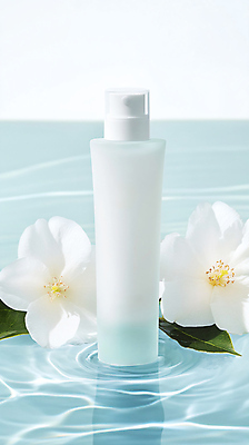 JPG 편집이미지 꽃 사람없음 물 뷰티 화장품 흰색 용기 풀잎 오브젝트 에센스 편집실사 AI포토 AI콘텐츠 자연요소 식물 그릇 컬러 잎 풀_식물 CG 파일형식