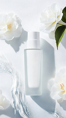 JPG 편집이미지 꽃 사람없음 물 뷰티 화장품 흰색 용기 풀잎 오브젝트 에센스 편집실사 AI포토 AI콘텐츠 자연요소 식물 그릇 컬러 잎 풀_식물 CG 파일형식