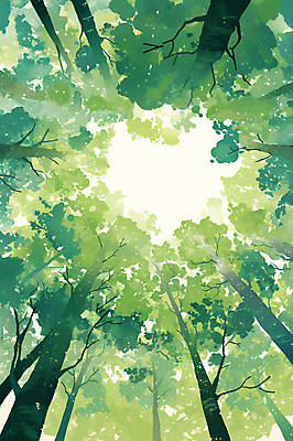 JPG 나무 로우앵글 일러스트 수채화 풍경 사람없음 초록색 숲 감성 국내일러스트 AI일러스트 AI콘텐츠 식물 뷰포인트 컬러 컨셉 파일형식