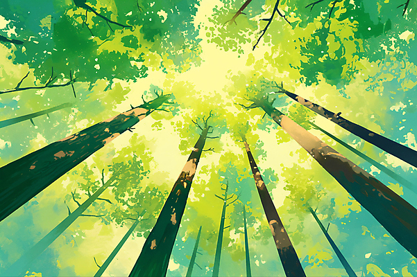 JPG 나무 로우앵글 일러스트 수채화 풍경 사람없음 초록색 숲 감성 국내일러스트 AI일러스트 AI콘텐츠 식물 뷰포인트 컬러 컨셉 파일형식