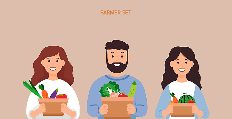 여자 남자 분홍색 채소 과일 일러스트 직업캐릭터 웃음 성인 세명 바구니 농사 수확 농부 엘리먼트 성인만 일러캐릭터 AI파일 직업 캐릭터 컬러 농업 표정 사람 파일형식 벡터