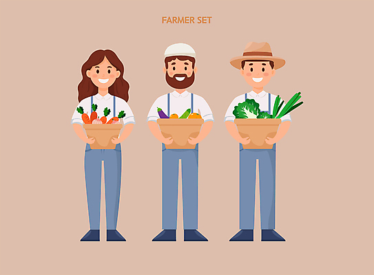 전신 여자 남자 분홍색 채소 과일 일러스트 직업캐릭터 웃음 성인 세명 바구니 농사 수확 농부 엘리먼트 성인만 일러캐릭터 AI파일 직업 캐릭터 컬러 농업 표정 사람 파일형식 벡터