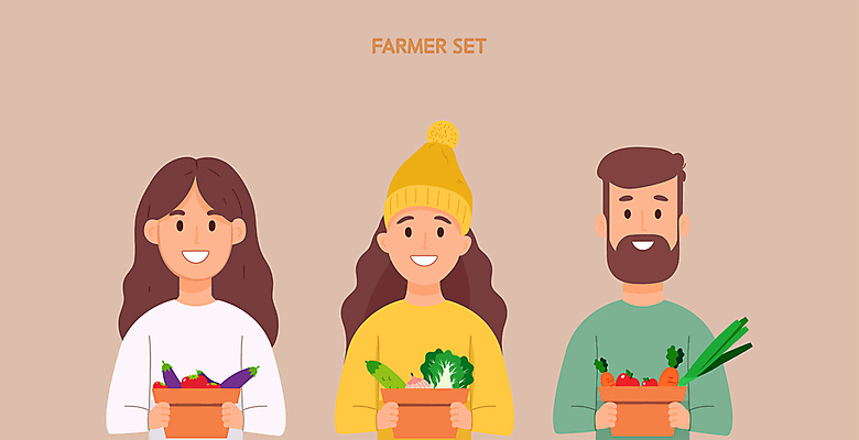 여자 남자 분홍색 채소 과일 일러스트 직업캐릭터 웃음 성인 세명 바구니 농사 수확 농부 엘리먼트 성인만 일러캐릭터 AI파일 직업 캐릭터 컬러 농업 표정 사람 파일형식 벡터
