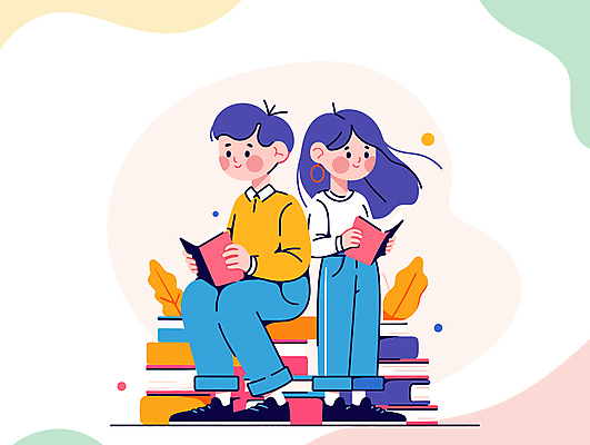 전신 여자 교육 남자 어린이 일러스트 들기 소녀 소년 두명 책 컬러풀 독서 교양 읽기 어린이만 국내일러스트 AI파일 컬러 모션 사람 파일형식 벡터