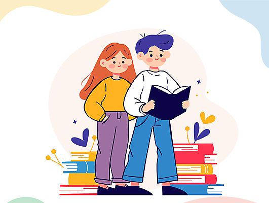 전신 여자 교육 남자 어린이 일러스트 들기 소녀 소년 두명 책 컬러풀 독서 교양 읽기 어린이만 국내일러스트 AI파일 컬러 모션 사람 파일형식 벡터