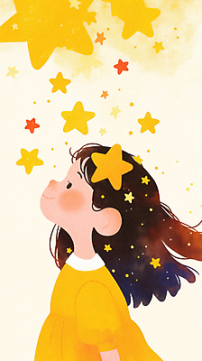 PSD 여자 별 어린이 일러스트 상상 동화 한명 미소 소녀 빛 판타지 노란색 꿈 소녀한명만 국내일러스트 자연요소 1 컬러 표정 사람 여자한명만 소녀만 파일형식