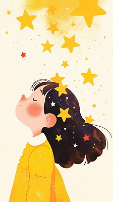 PSD 여자 별 어린이 일러스트 상상 동화 한명 미소 소녀 빛 판타지 노란색 꿈 소녀한명만 국내일러스트 자연요소 1 컬러 표정 사람 여자한명만 소녀만 파일형식