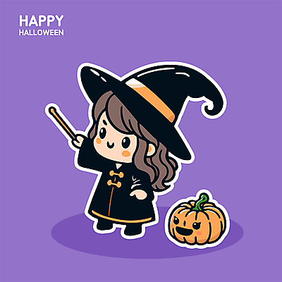 전신 여자 어린이 스티커 일러스트 호박 한명 미소 소녀 귀여움 보라색 할로윈 마녀 마법지팡이 잭오랜턴 소녀한명만 일러캐릭터 AI파일 캐릭터 1 컬러 컨셉 채소 표정 사람 여자한명만 소녀만 파일형식 벡터