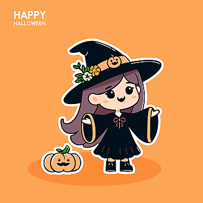 전신 여자 어린이 스티커 일러스트 호박 한명 미소 소녀 귀여움 주황색 할로윈 마녀 잭오랜턴 소녀한명만 일러캐릭터 AI파일 캐릭터 1 컬러 컨셉 채소 표정 사람 여자한명만 소녀만 파일형식 벡터