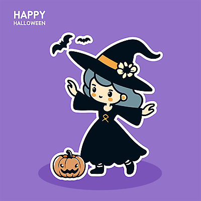 전신 여자 어린이 스티커 일러스트 호박 한명 미소 소녀 귀여움 보라색 할로윈 마녀 박쥐 잭오랜턴 소녀한명만 일러캐릭터 AI파일 캐릭터 1 컬러 컨셉 채소 포유류 표정 사람 여자한명만 소녀만 파일형식 벡터