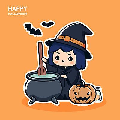 전신 여자 어린이 스티커 일러스트 호박 요리 한명 미소 소녀 귀여움 주황색 할로윈 냄비 마녀 박쥐 잭오랜턴 소녀한명만 일러캐릭터 AI파일 캐릭터 1 컬러 컨셉 채소 포유류 표정 사람 솥 여자한명만 소녀만 파일형식 벡터