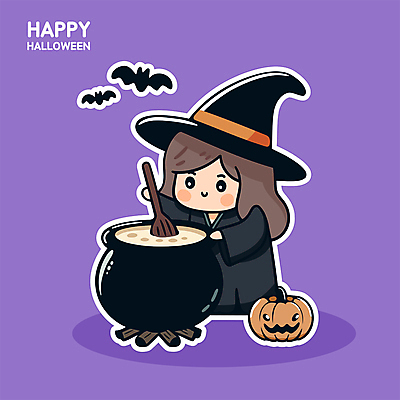 전신 여자 어린이 스티커 일러스트 호박 요리 한명 미소 소녀 귀여움 보라색 할로윈 냄비 마녀 박쥐 잭오랜턴 소녀한명만 일러캐릭터 AI파일 캐릭터 1 컬러 컨셉 채소 포유류 표정 사람 솥 여자한명만 소녀만 파일형식 벡터