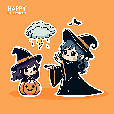 전신 여자 어린이 스티커 일러스트 호박 미소 소녀 두명 귀여움 주황색 할로윈 비 번개 먹구름 마녀 박쥐 잭오랜턴 소녀만 일러캐릭터 AI파일 자연요소 캐릭터 컬러 컨셉 채소 포유류 날씨 표정 사람 여자만 어린이만 파일형식 벡터 구름_자연