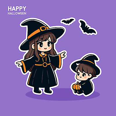전신 여자 남자 어린이 스티커 일러스트 호박 미소 소녀 소년 두명 귀여움 보라색 할로윈 마녀 박쥐 어린이만 일러캐릭터 AI파일 캐릭터 컬러 컨셉 채소 포유류 표정 사람 파일형식 벡터