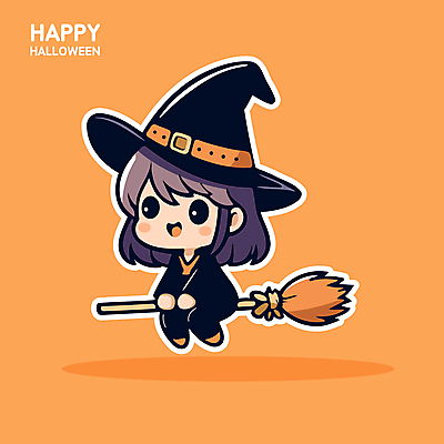 전신 여자 어린이 스티커 일러스트 한명 미소 소녀 귀여움 주황색 할로윈 비행 빗자루 마녀 소녀한명만 일러캐릭터 AI파일 캐릭터 1 컬러 컨셉 표정 사람 청소도구 여자한명만 소녀만 파일형식 벡터