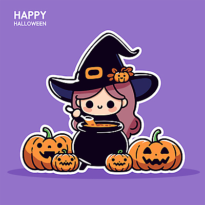 전신 여자 어린이 스티커 일러스트 호박 요리 한명 미소 소녀 귀여움 보라색 할로윈 냄비 마녀 잭오랜턴 소녀한명만 일러캐릭터 AI파일 캐릭터 1 컬러 컨셉 채소 표정 사람 솥 여자한명만 소녀만 파일형식 벡터