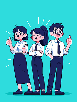 전신 여자 남자 일러스트 비즈니스 성공 웃음 청년 성인 세명 손들기 팔짱 파이팅 기쁨 최고 직장인 비즈니스맨 비즈니스우먼 동료 주머니손 민트색 성인만 안경낌 일러캐릭터 AI파일 직업 캐릭터 감정 안경 컬러 컨셉 관계 모션 표정 사람 파일형식 벡터