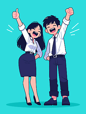 전신 여자 남자 허리손 일러스트 비즈니스 성공 웃음 청년 성인 두명 손들기 파이팅 주먹 기쁨 최고 직장인 비즈니스맨 비즈니스우먼 동료 민트색 성인만 일러캐릭터 AI파일 직업 캐릭터 감정 컬러 포즈 컨셉 관계 모션 표정 사람 파일형식 벡터