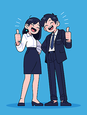 전신 여자 남자 허리손 하늘색 일러스트 비즈니스 성공 웃음 청년 성인 두명 손들기 파이팅 기쁨 최고 직장인 비즈니스맨 비즈니스우먼 동료 성인만 일러캐릭터 AI파일 직업 캐릭터 감정 포즈 컨셉 관계 모션 표정 사람 파란색 파일형식 벡터