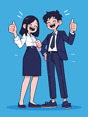 전신 여자 남자 허리손 하늘색 일러스트 비즈니스 성공 웃음 청년 성인 두명 손들기 파이팅 기쁨 최고 직장인 비즈니스맨 비즈니스우먼 동료 성인만 일러캐릭터 AI파일 직업 캐릭터 감정 포즈 컨셉 관계 모션 표정 사람 파란색 파일형식 벡터