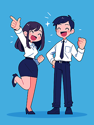 전신 여자 남자 허리손 하늘색 일러스트 비즈니스 성공 웃음 손짓 청년 성인 두명 손들기 파이팅 주먹 기쁨 최고 직장인 비즈니스맨 비즈니스우먼 동료 성인만 일러캐릭터 AI파일 직업 캐릭터 감정 포즈 컨셉 관계 모션 표정 사람 파란색 파일형식 벡터