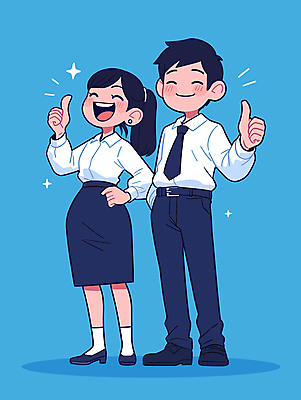 전신 여자 남자 허리손 하늘색 일러스트 비즈니스 성공 웃음 청년 성인 두명 파이팅 기쁨 최고 직장인 비즈니스맨 비즈니스우먼 동료 주머니손 성인만 일러캐릭터 AI파일 직업 캐릭터 감정 포즈 컨셉 관계 모션 표정 사람 파란색 파일형식 벡터