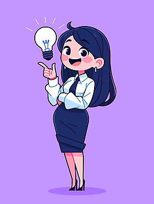 전신 여자 생각 일러스트 비즈니스 전구 아이디어 한명 미소 성인 팔짱 보라색 가리킴 직장인 비즈니스우먼 발견 영감 창의력 성인여자한명만 일러캐릭터 AI파일 직업 캐릭터 1 컬러 컨셉 모션 표정 사람 손짓 여자한명만 성인여자만 파일형식 벡터