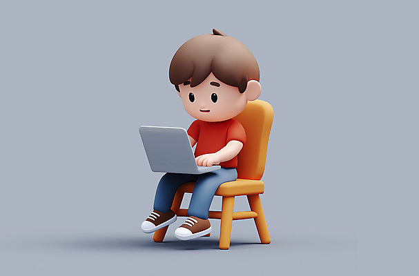 전신 PSD 편집이미지 캐릭터 교육 남자 어린이 의자 한명 앉기 소년 노트북 회색 작업 집중 소년한명만 편집3D 1 컬러 가구 컨셉 모션 사람 전자제품 3D 남자한명만 소년만 파일형식