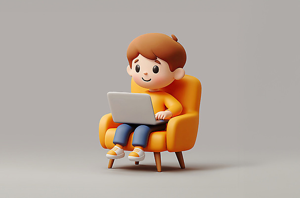 전신 PSD 편집이미지 캐릭터 교육 남자 어린이 의자 한명 앉기 소년 노트북 노란색 작업 집중 소년한명만 편집3D 1 컬러 가구 컨셉 모션 사람 전자제품 3D 남자한명만 소년만 파일형식