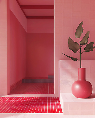 JPG 편집이미지 그릇 실내 사람없음 빨간색 인테리어 전시 도자기 풀잎 모던 스페이스 편집실사 AI포토 AI콘텐츠 도형 식기 디자인 컬러 잎 내부 풀_식물 CG 파일형식