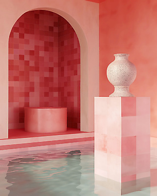 JPG 편집이미지 그릇 물결 수영장 실내 사람없음 빨간색 물 인테리어 전시 도자기 모던 스페이스 편집실사 AI포토 AI콘텐츠 자연요소 도형 식기 디자인 컬러 내부 CG 파일형식