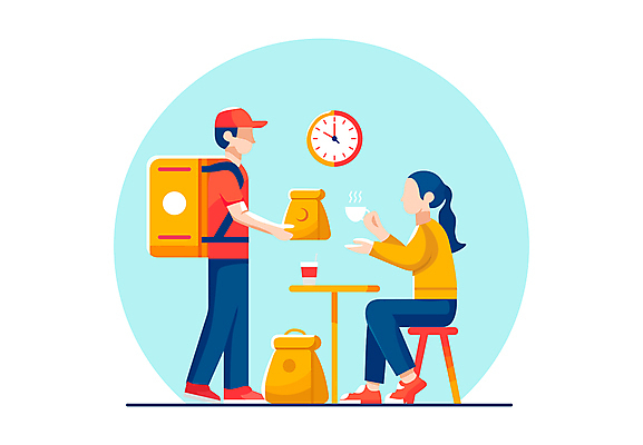 전신 여자 남자 커피 시계 하늘색 의자 일러스트 탁자 성인 두명 쇼핑 백팩 주문 배달음식 성인만 당일배송 국내일러스트 AI파일 음료 음식 가구 가방 사람 파란색 배송 배달 파일형식 벡터