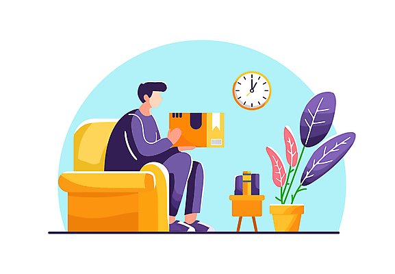 전신 남자 시계 하늘색 일러스트 탁자 한명 성인 책 쇼핑 소파 주문 택배상자 성인남자한명만 당일배송 국내일러스트 AI파일 1 가구 의자 사람 파란색 상자 배송 택배 남자한명만 성인남자만 파일형식 벡터