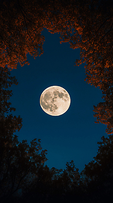 JPG 나무 편집이미지 낙엽 자연 밤하늘 풍경 사람없음 파란색 우주 고요 보름달 가을 야간 편집실사 자연요소 식물 계절 컬러 잎 하늘 달 CG 생태계 파일형식