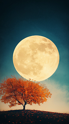 JPG 나무 편집이미지 낙엽 자연 밤하늘 풍경 사람없음 파란색 우주 고요 보름달 가을 야간 편집실사 자연요소 식물 계절 컬러 잎 하늘 달 CG 생태계 파일형식