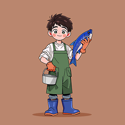 전신 남자 인물캐릭터 일러스트 직업캐릭터 작업복 어류 어업 장화 한명 미소 들기 청년 성인 갈색 만화 어부 양동이 멜빵 성인남자한명만 소상공인 일러캐릭터 AI파일 직업 캐릭터 1 잡화 옷 산업 컬러 신발 모션 표정 사람 경제 수중동물 상인 남자한명만 성인남자만 파일형식 벡터