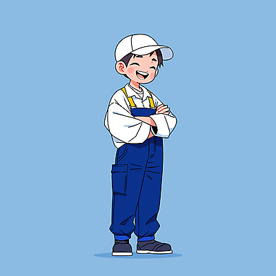 전신 모자 남자 인물캐릭터 일러스트 직업캐릭터 작업복 한명 미소 청년 성인 파란색 팔짱 작업 작업장 만화 멜빵 성인남자한명만 소상공인 일러캐릭터 AI파일 직업 캐릭터 1 잡화 옷 산업 컬러 모션 표정 사람 경제 상인 남자한명만 성인남자만 파일형식 벡터