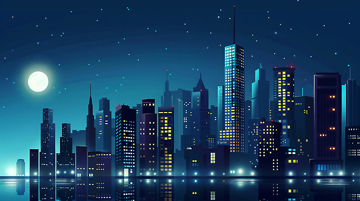 JPG 편집이미지 호수 빌딩 사람없음 파란색 빛 반사 달 도시 분위기 야간 편집실사 AI포토 AI콘텐츠 자연요소 컬러 컨셉 건물 CG 파일형식