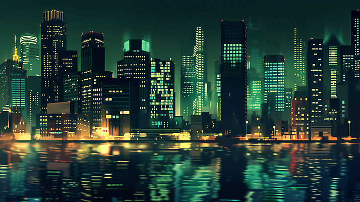 JPG 편집이미지 호수 빌딩 사람없음 초록색 빛 반사 도시 분위기 야간 편집실사 AI포토 AI콘텐츠 자연요소 컬러 컨셉 건물 CG 파일형식