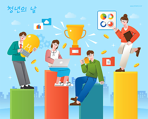 여자 남자 커피 일러스트 전구 그래프 협력 아이디어 서기 들기 앉기 여러명 청년 성인 노트북 청춘 머그컵 우승 9월 트로피 다리들기 시상 우승자 성인만 청년의날 국내일러스트 AI파일 기념일 음료 다수 컨셉 모션 사람 컵 전자제품 최고 날짜 상_우승 파일형식 벡터