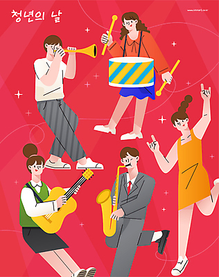 여자 남자 악기 음악 연주 일러스트 들기 여러명 청년 성인 청춘 음악가 기타 춤 9월 나팔 북 트럼펫 성인만 청년의날 국내일러스트 AI파일 직업 기념일 다수 컨셉 모션 현악기 문화예술 타악기 사람 날짜 금관악기 파일형식 벡터